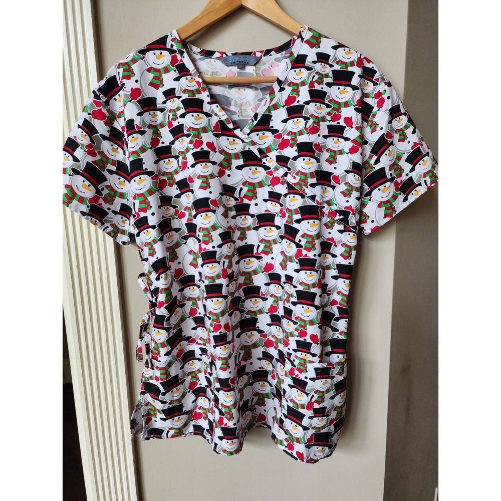 Serene Uniforms Women's XL Scrub Top Christmas Snowmen Holiday Scrubs Top